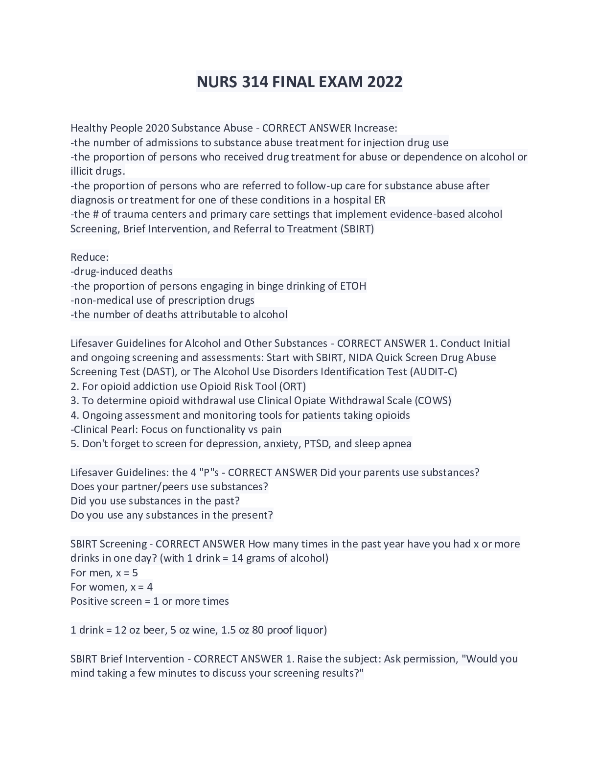 Preview image of NURS 314 FINAL EXAM 2022 document